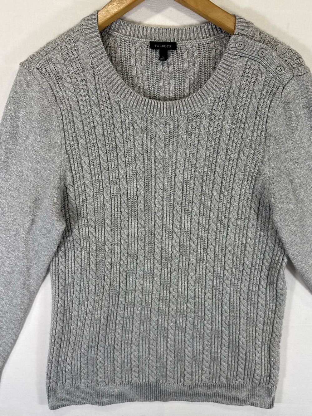 Talbots Light Gray Cable-Knit Crewneck Sweater with Shoulder Buttons